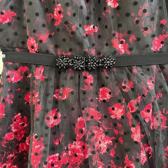 Carmen Marc Valvo Sleeveless Red Rose/Polka Dot Black Tulle Overlay Dress sz 16 - Picture 7 of 14